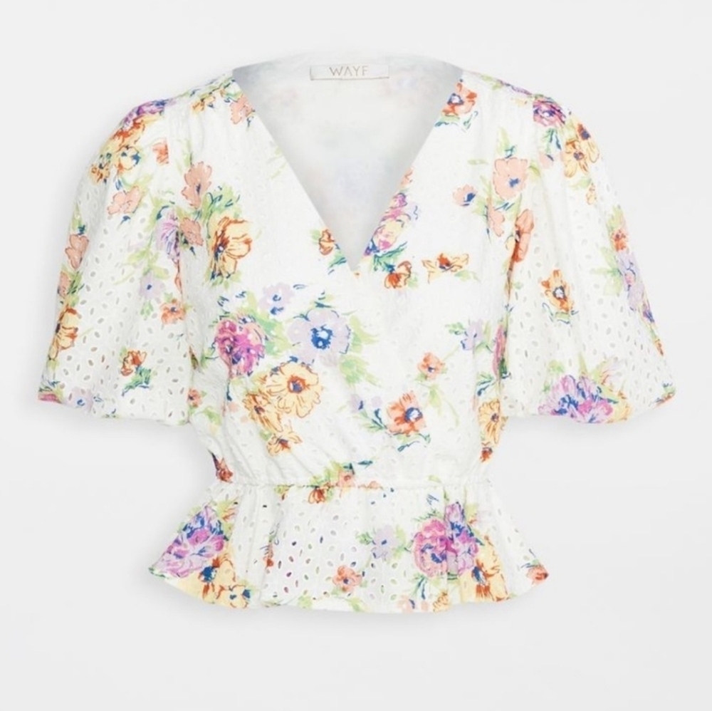 Wayf Floral Eyelet Puff Sleeve Peplum Top Size XS - Picture 11 of 11
